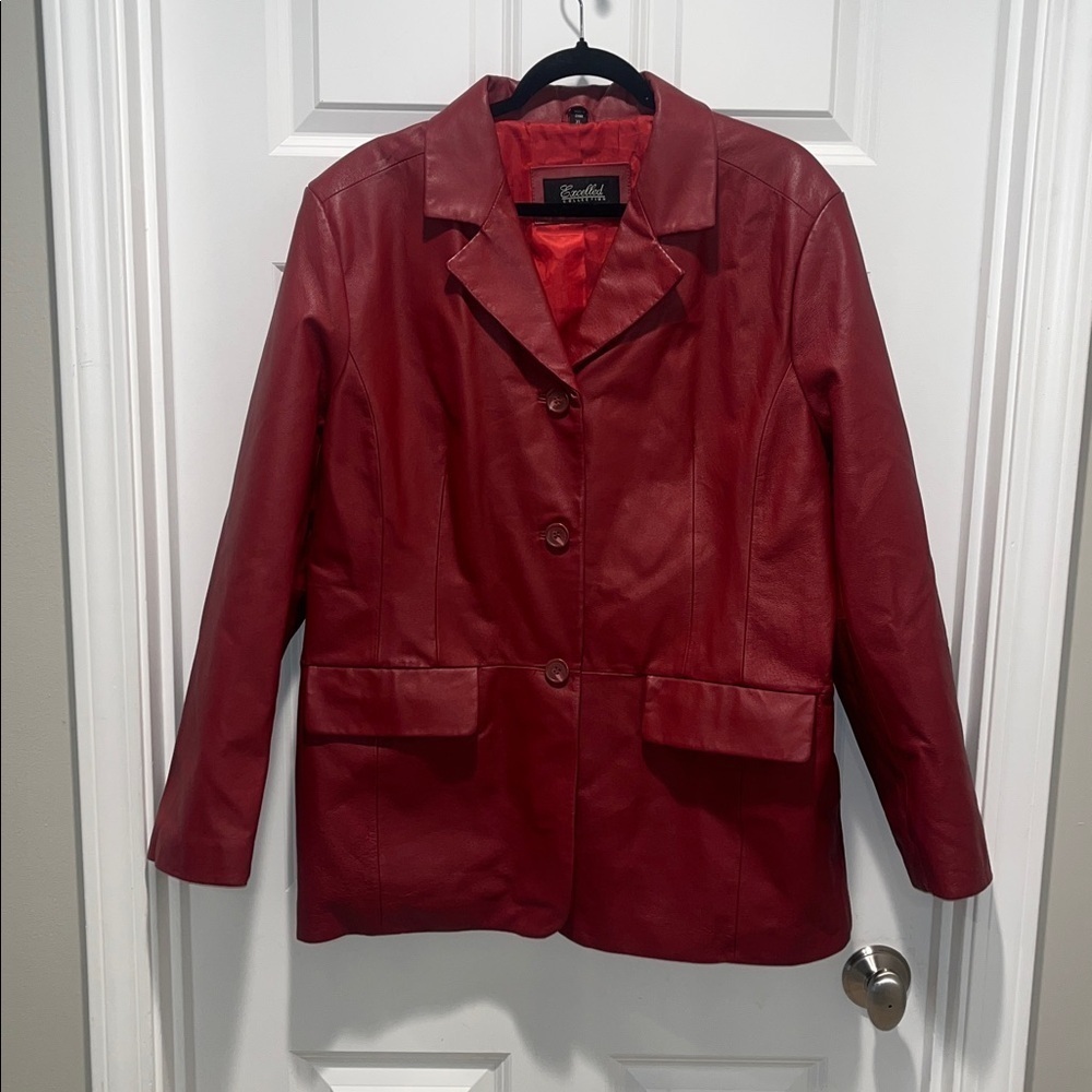 EXCELLED 100% genuine Leather coat Burgundy/Wine Red Jacket blazer oversized